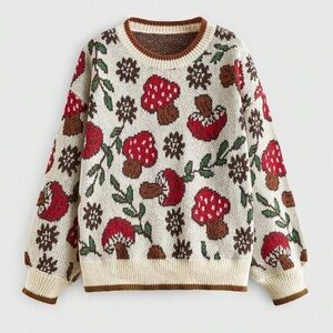 Romwe Fairycore Medium Cute Mushroom Pattern Detail Relaxed Fit Pullover Sweater